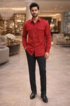 Mens Red Check Safari Shirt Slim Fit 4 Pocket Casual Utility Wear Style
