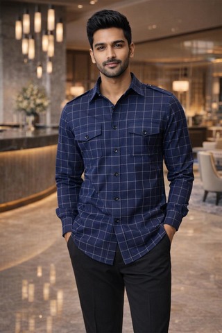 Chemise safari carreaux bleu homme