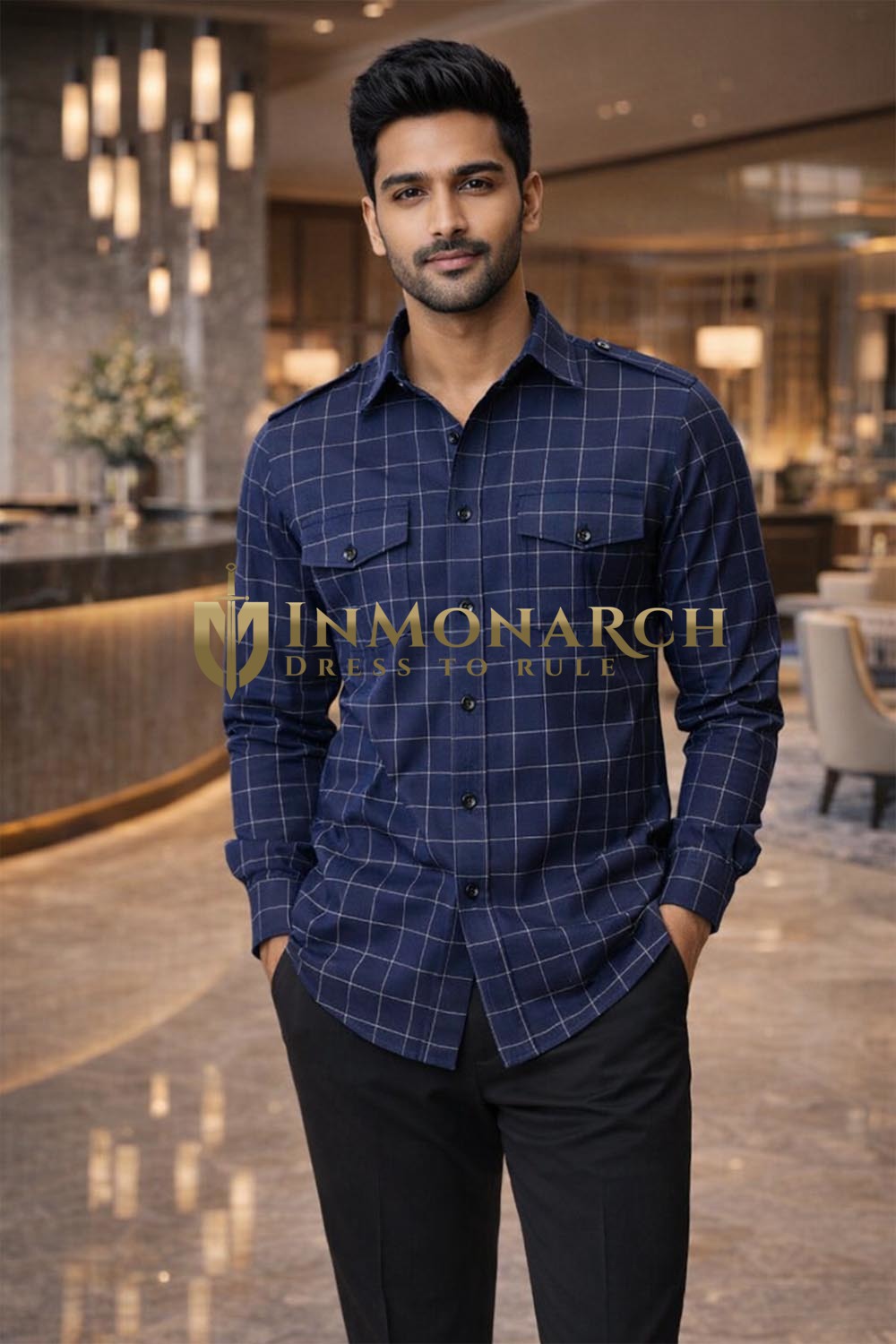 Chemise safari carreaux bleu homme