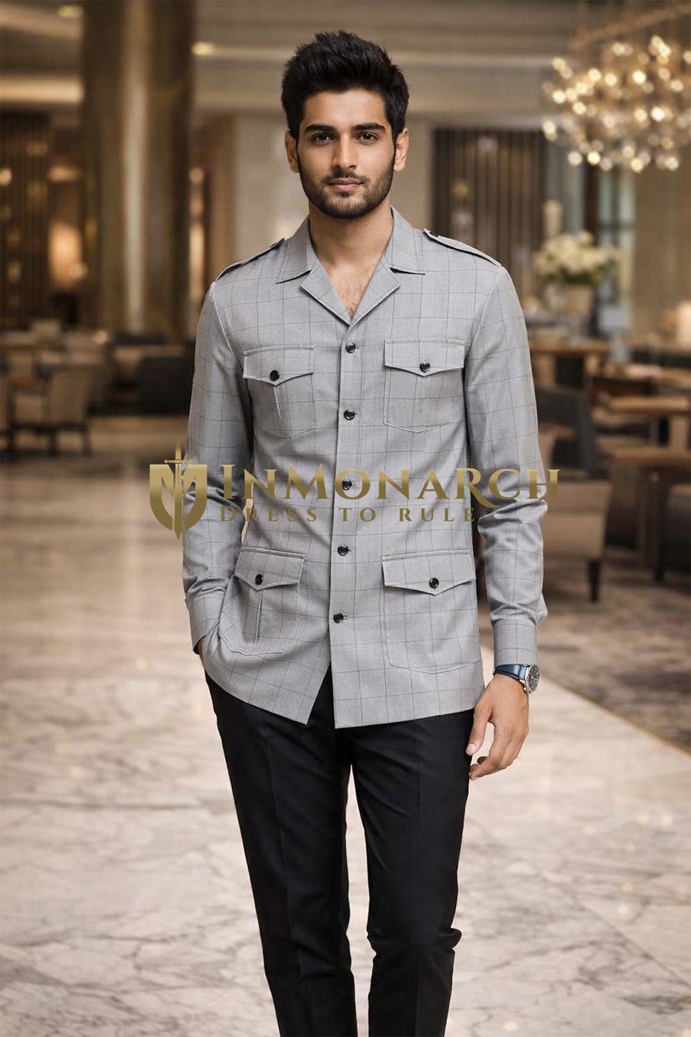 Chemise safari carreaux gris homme