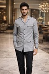 Chemise safari carreaux gris homme