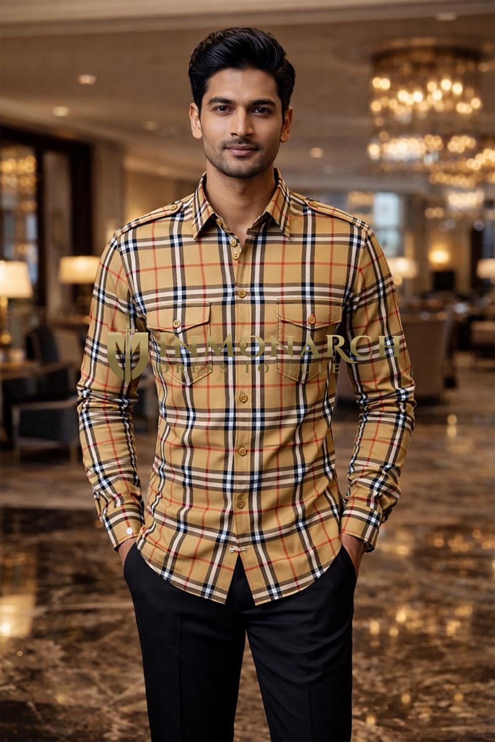 Mens Hunting Tan Check Safari Shirt Slim Fit Cotton Casual Wear Style