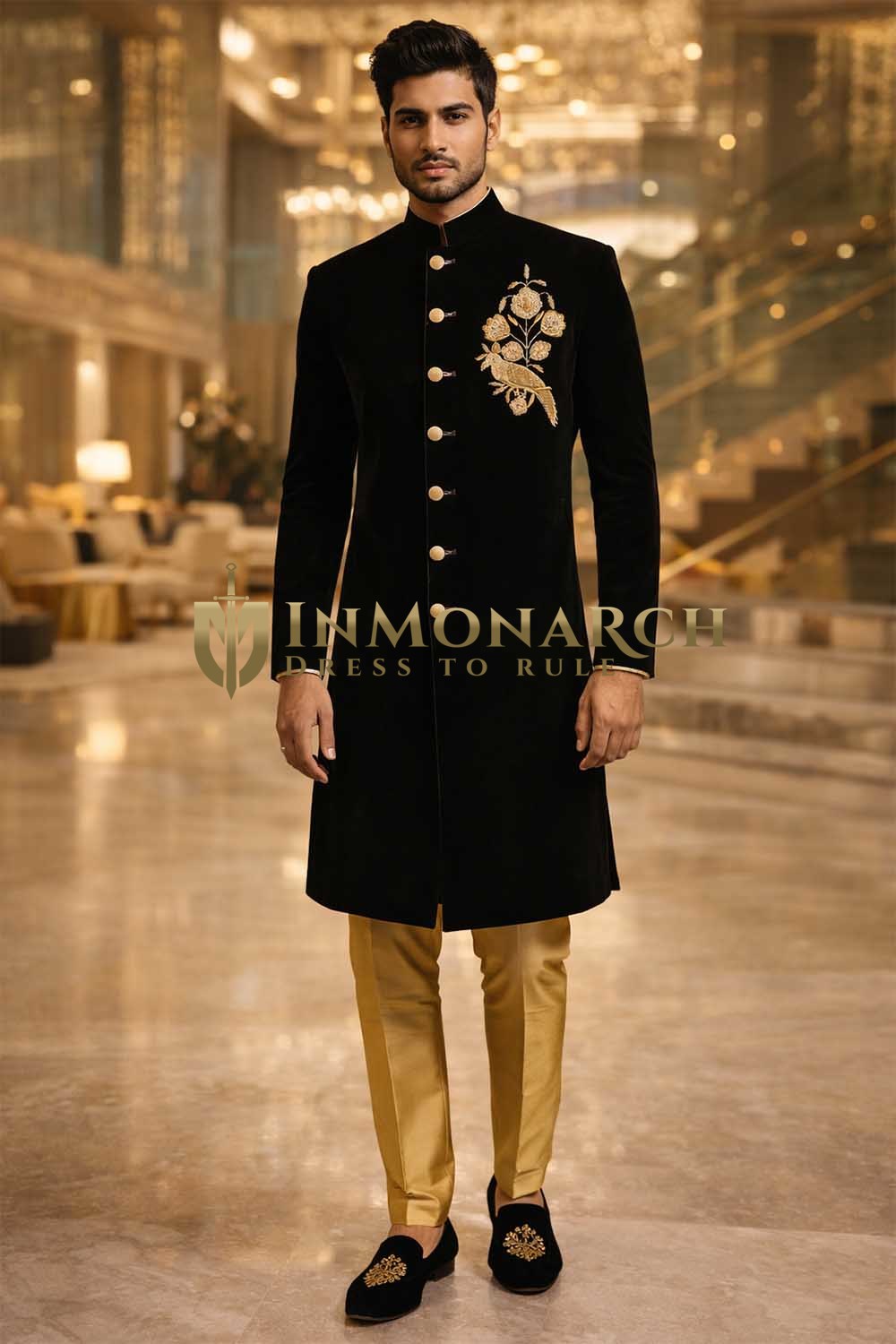 Black Velvet Groom Sherwani with Golden Embroidery 2Pc