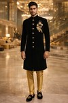 Black Velvet Groom Sherwani with Golden Embroidery 2Pc