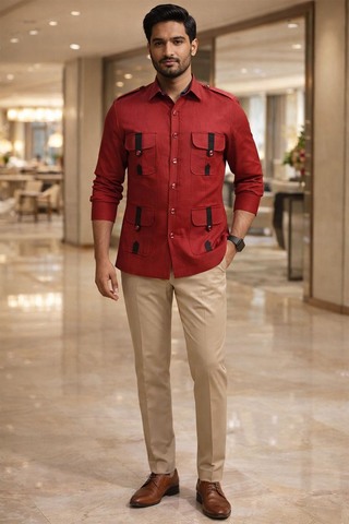 Chemise safari rouge en lin homme