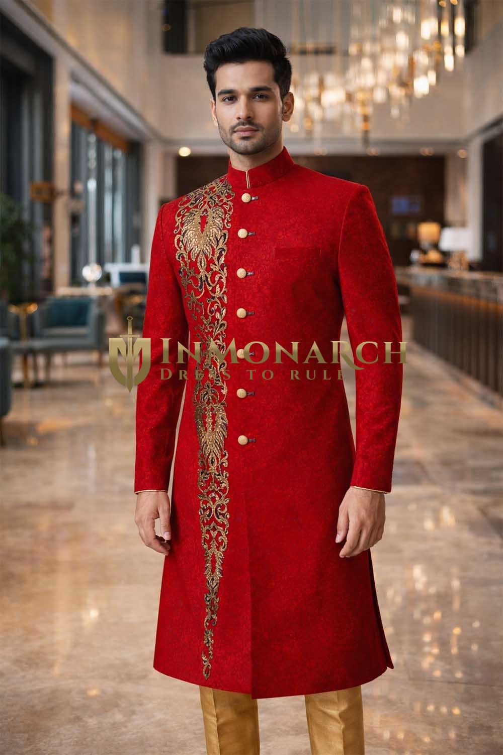 Red Wedding Sherwani for Men with Golden Embroidery 2Pc