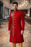 Red Wedding Sherwani for Men with Golden Embroidery 2Pc