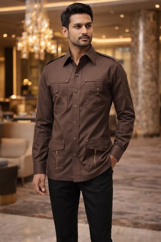 Camisa caza marrón algodón hombre
