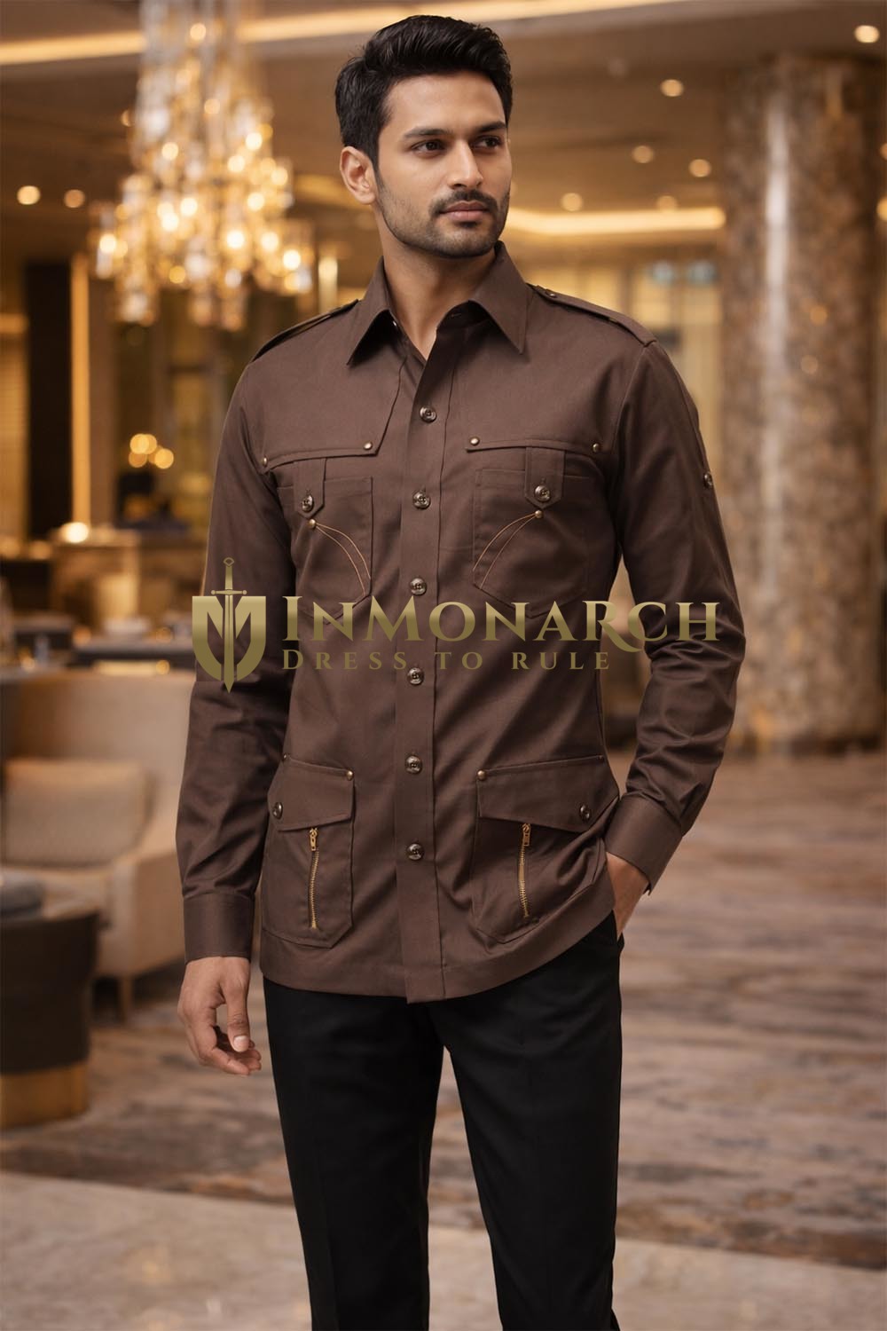 Camisa caza marrón algodón hombre