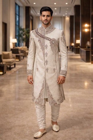 Sherwani mariage indien brocart crème