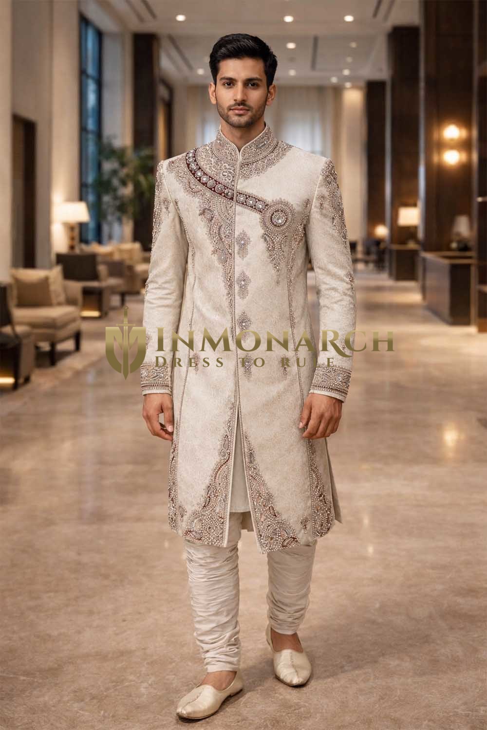 Sherwani mariage indien brocart crème