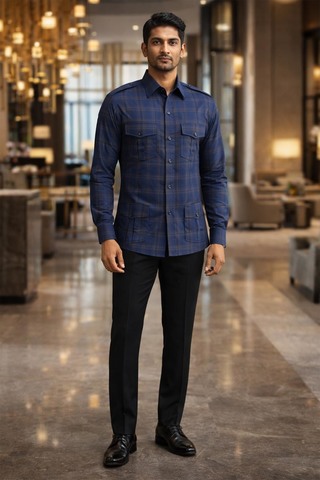 Mens Navy Blue Check Safari Shirt Slim Fit Cotton Casual Utility Wear