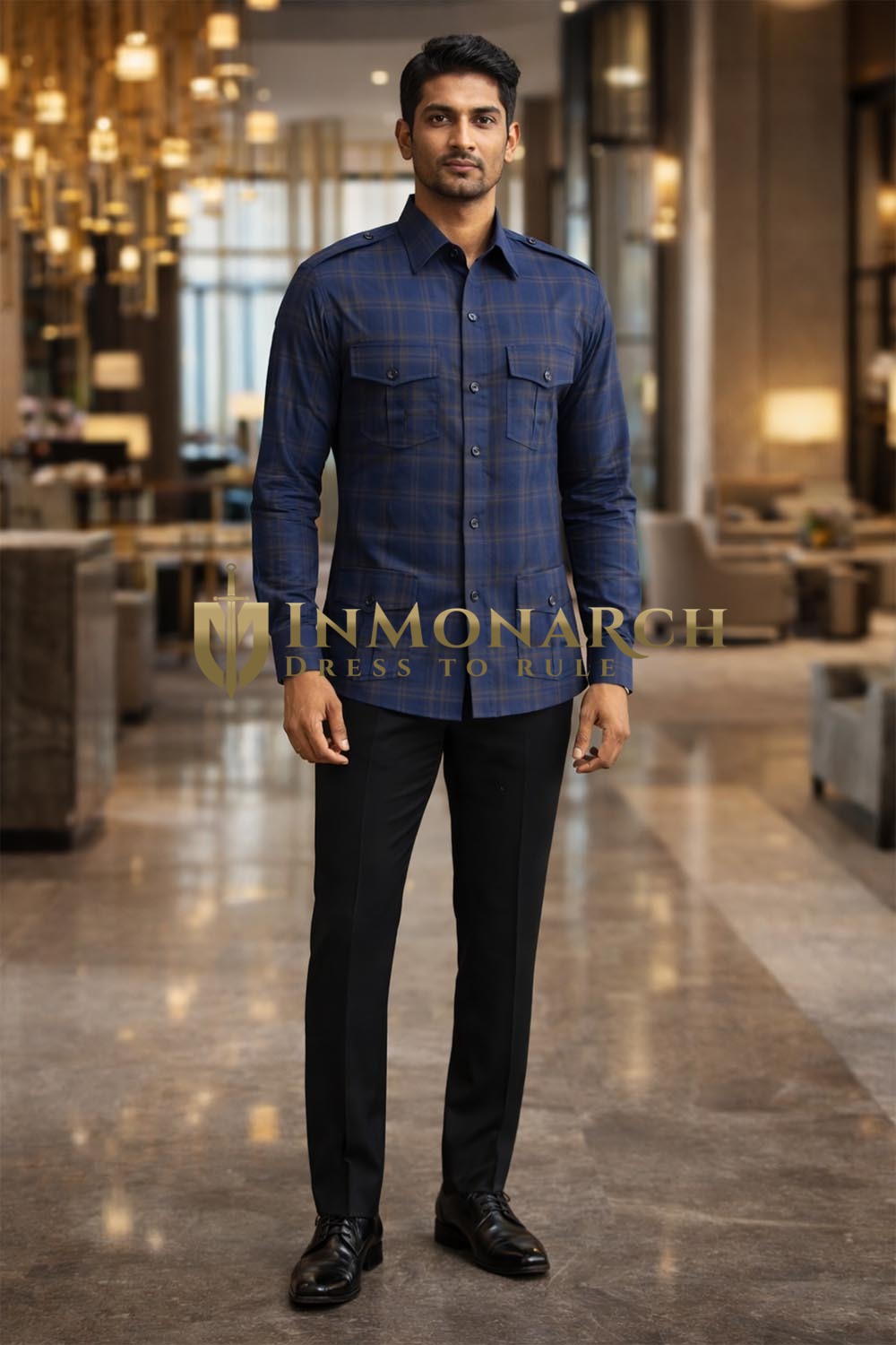 Chemise chasse à carreaux bleu marine