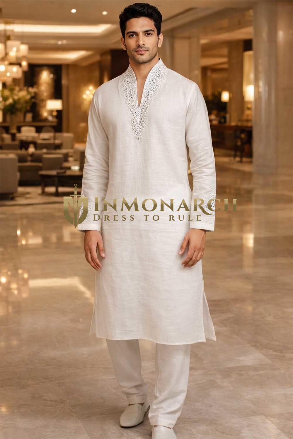 White Linen Kurta Pyjama with Silver Hand Embroidery