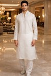 White Linen Kurta Pyjama with Silver Hand Embroidery