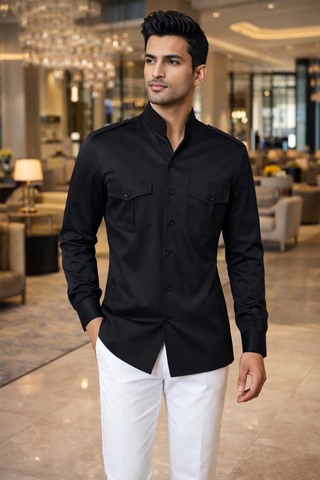 Mens Black Safari Shirt Relaxed Fit Utility Travel Casual Wear Top Style