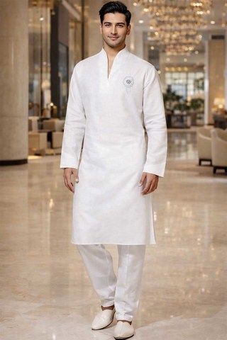 Mens White Linen Kurta Pajama 2pc Wedding Ethnic Outfit for Groom Wear