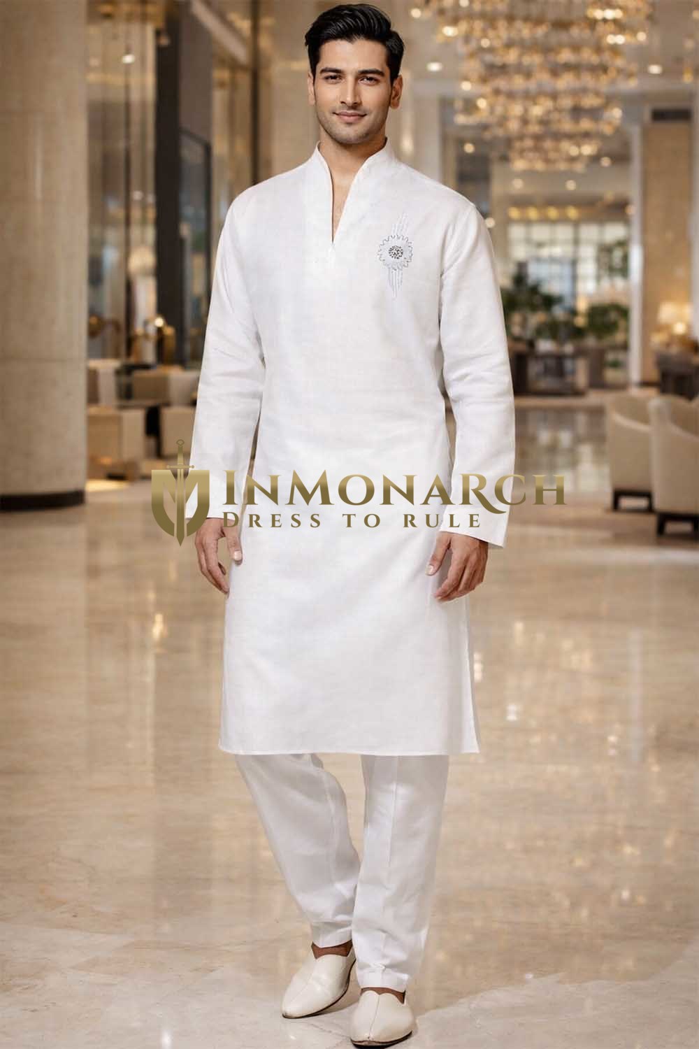 Mens White Linen Kurta Pajama 2pc Wedding Ethnic Outfit for Groom Wear