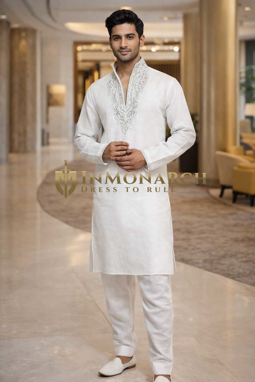 Mens White Linen Kurta Pajama 2pc Silver Embroidered Wedding Outfit Wear