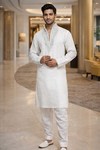 Mens White Linen Kurta Pajama 2pc Silver Embroidered Wedding Outfit Wear