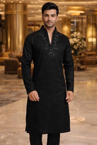 Mens Black Linen Kurta Pajama 2pc Silver Embroidered Wedding Outfit Wear