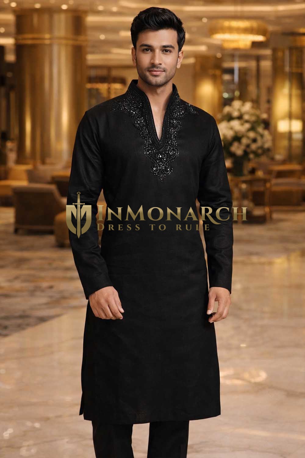 Mens Black Linen Kurta Pajama 2pc Silver Embroidered Wedding Outfit Wear