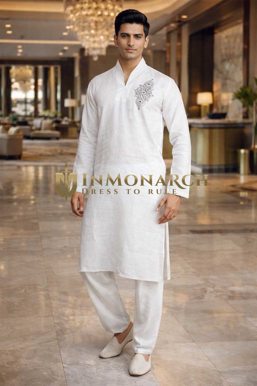 Mens White Linen Kurta Pajama 2pc Silver Embroidered Partywear Outfit