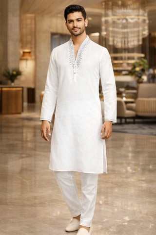 Mens White Linen Kurta Pajama 2pc Hand Embroidered Wedding Outfit Wear