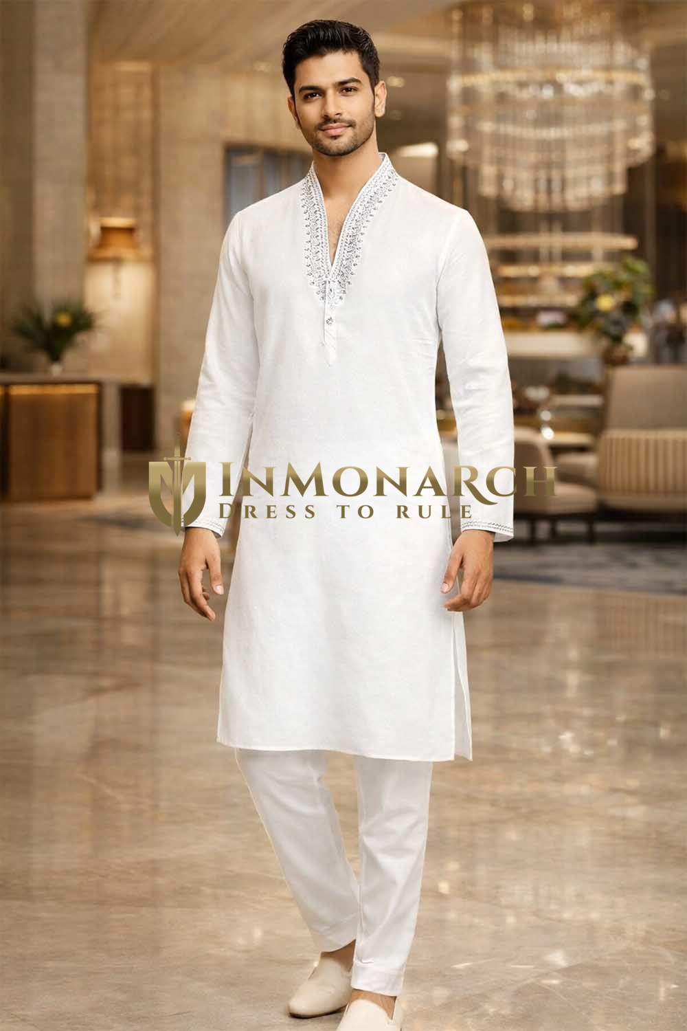 Mens White Linen Kurta Pajama 2pc Hand Embroidered Wedding Outfit Wear