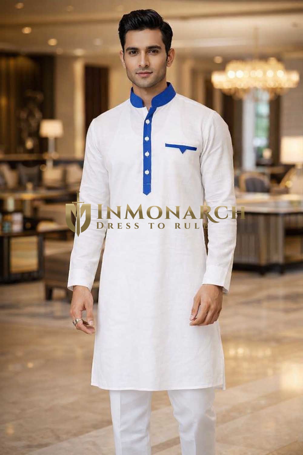 Kurta pyjama blanc col Nehru bleu