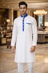 Kurta pyjama blanc col Nehru bleu