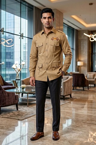 Mens Burlywood Safari Shirt Relaxed Fit Logo Utility Casual Travel Top