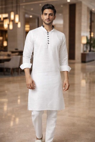 Mens White Linen Kurta Pajama 2pc Black Printed Collar Partywear Outfit