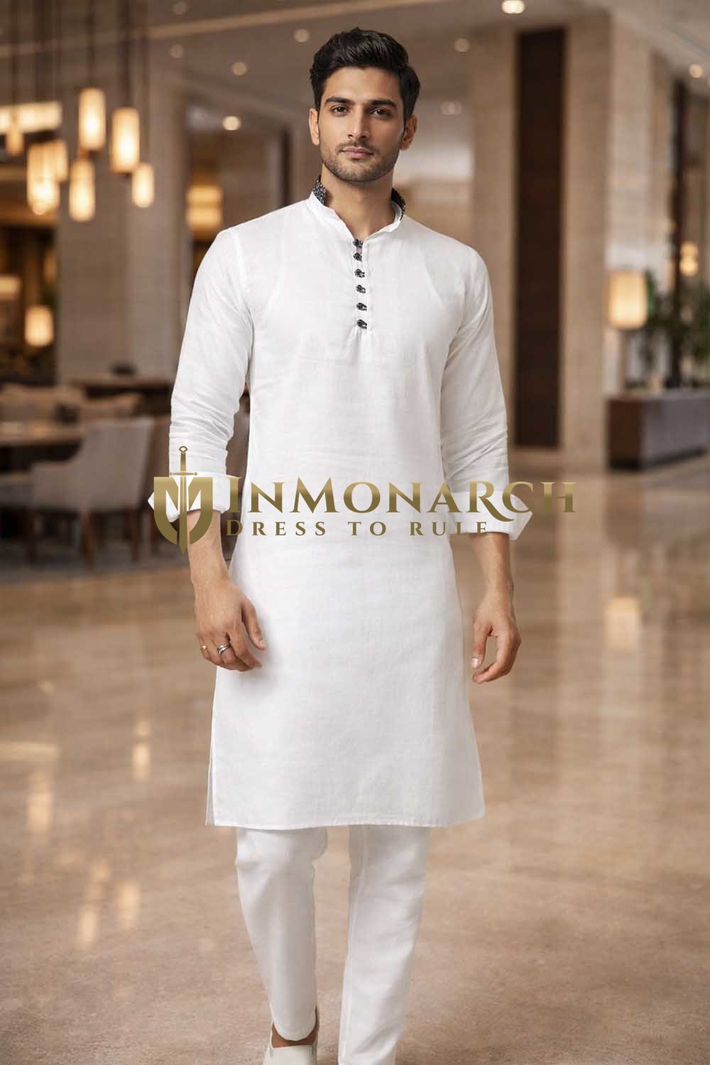 Mens White Linen Kurta Pajama 2pc Black Printed Collar Partywear Outfit