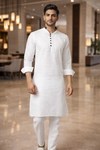 Mens White Linen Kurta Pajama 2pc Black Printed Collar Partywear Outfit