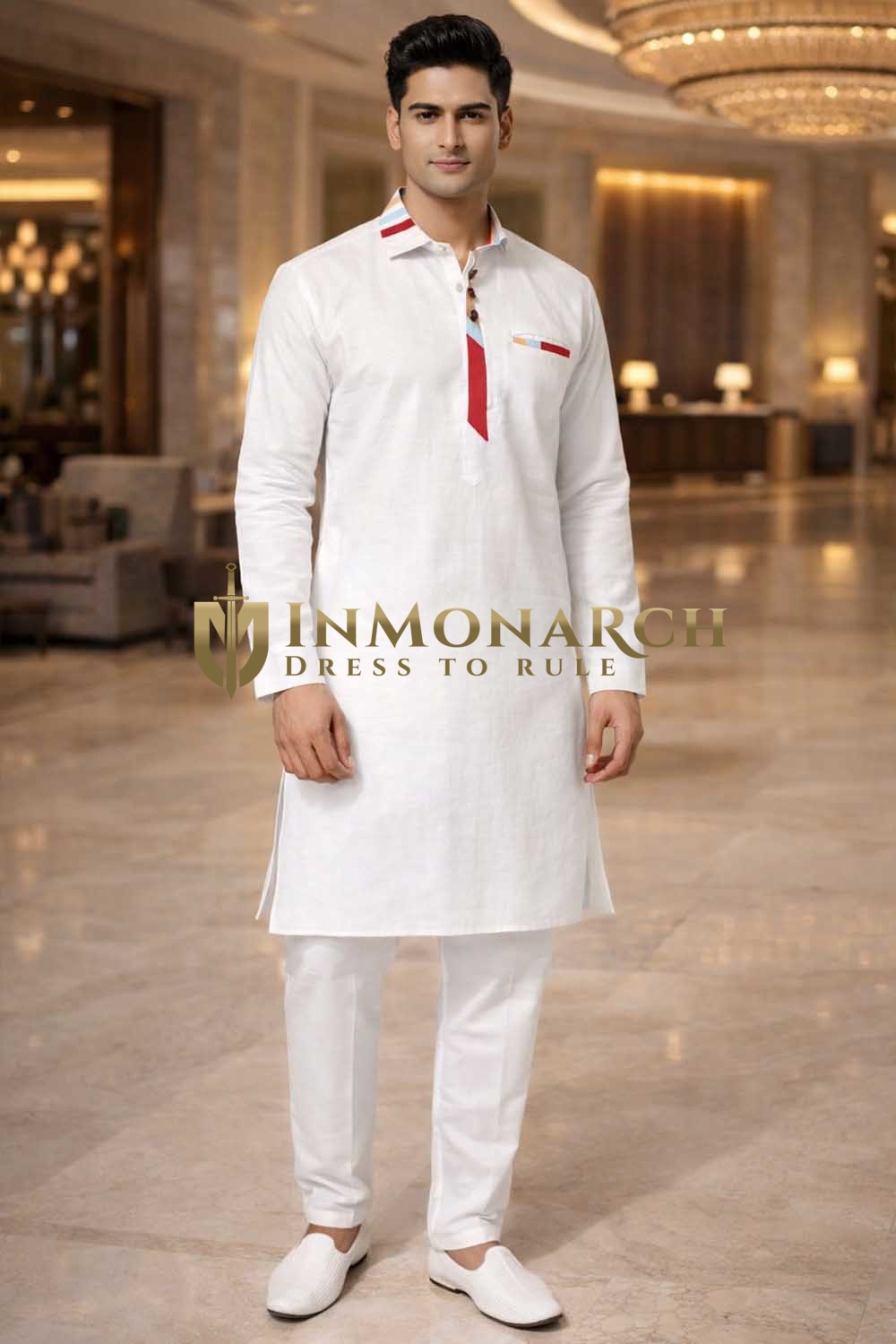 Mens White Linen Kurta Pajama 2pc Multicolor Collar Partywear Outfit