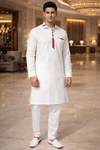 Mens White Linen Kurta Pajama 2pc Multicolor Collar Partywear Outfit