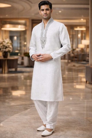 Mens White Linen Kurta Pajama 2pc Hand Embroidered Ethnic Outfit Wear