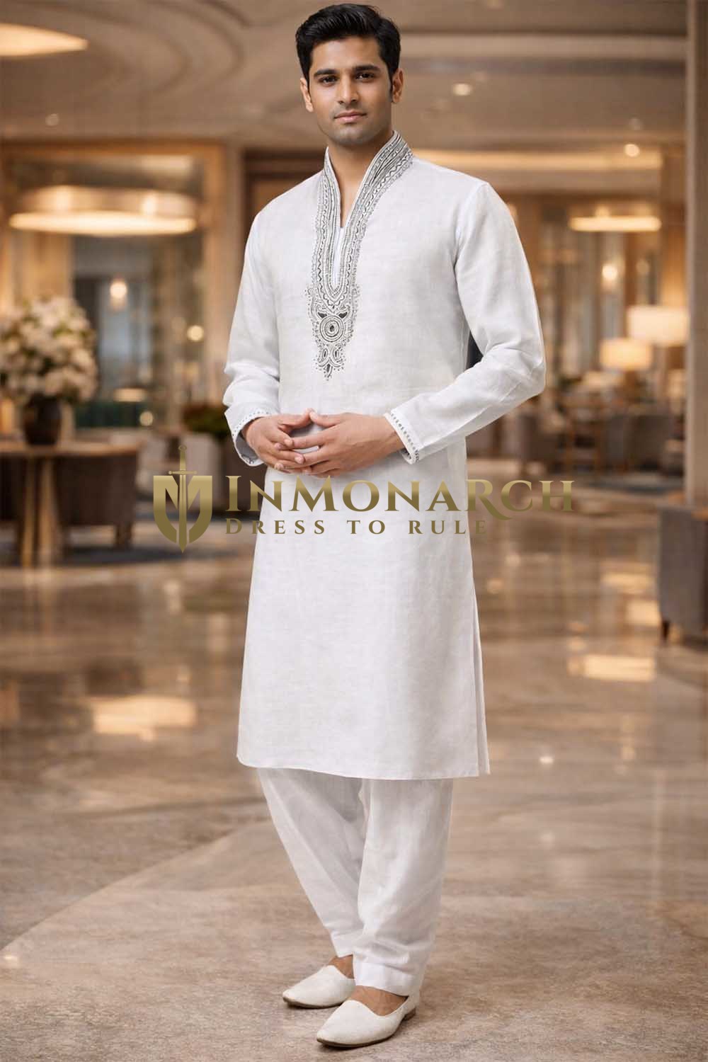 Mens White Linen Kurta Pajama 2pc Hand Embroidered Ethnic Outfit Wear