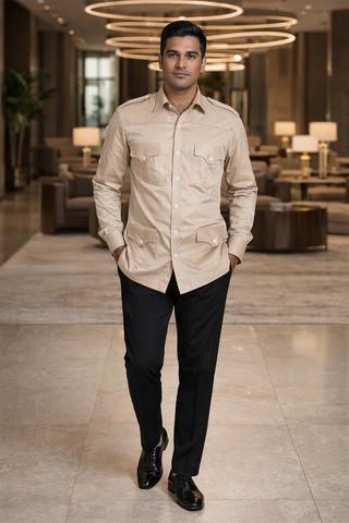 Mens Tan Safari Shirt Relaxed Fit Utility Casual Travel Cotton Top Wear