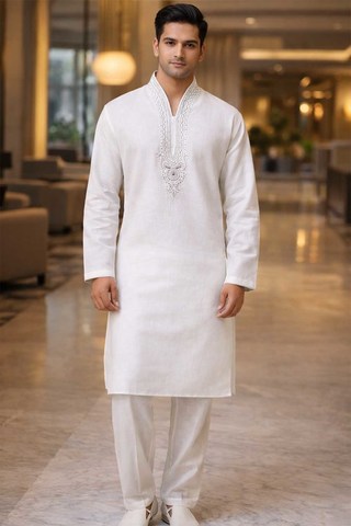 Mens White Linen Kurta Pajama 2pc Silver Embroidered Wedding Wear