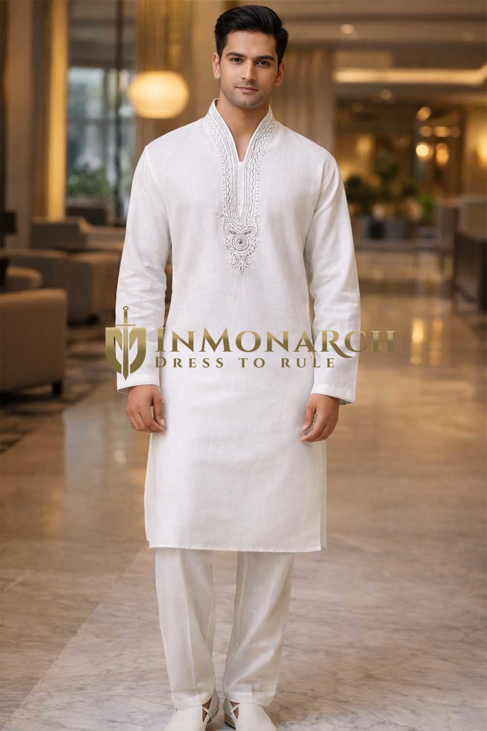 Mens White Linen Kurta Pajama 2pc Silver Embroidered Wedding Wear