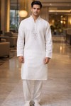 Mens White Linen Kurta Pajama 2pc Silver Embroidered Wedding Wear