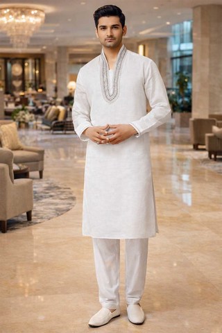 Mens White Linen Kurta Pajama 2pc High Neck Embroidered Wedding Wear