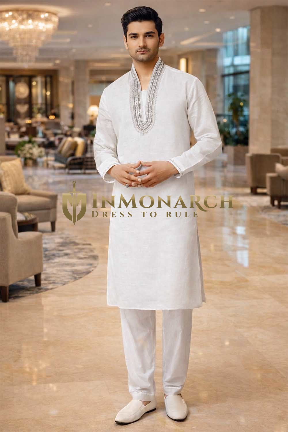Mens White Linen Kurta Pajama 2pc High Neck Embroidered Wedding Wear