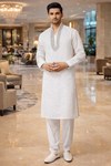 Mens White Linen Kurta Pajama 2pc High Neck Embroidered Wedding Wear