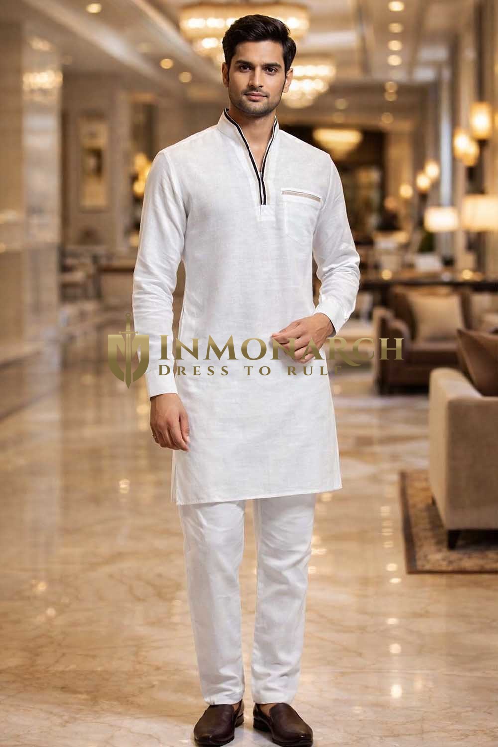 Mens White Linen Kurta Pajama 2pc Maroon Piping Partywear Outfit