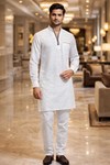Mens White Linen Kurta Pajama 2pc Maroon Piping Partywear Outfit