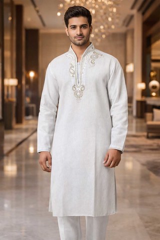 Mens White Linen Kurta Pajama 2pc High Neck Embroidered Ethnic Wear