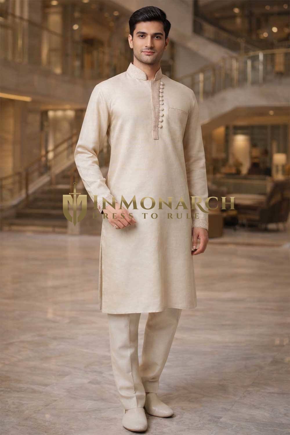 Mens Beige Linen Kurta Pajama 2pc Jute Patch Detail Ethnic Outfit
